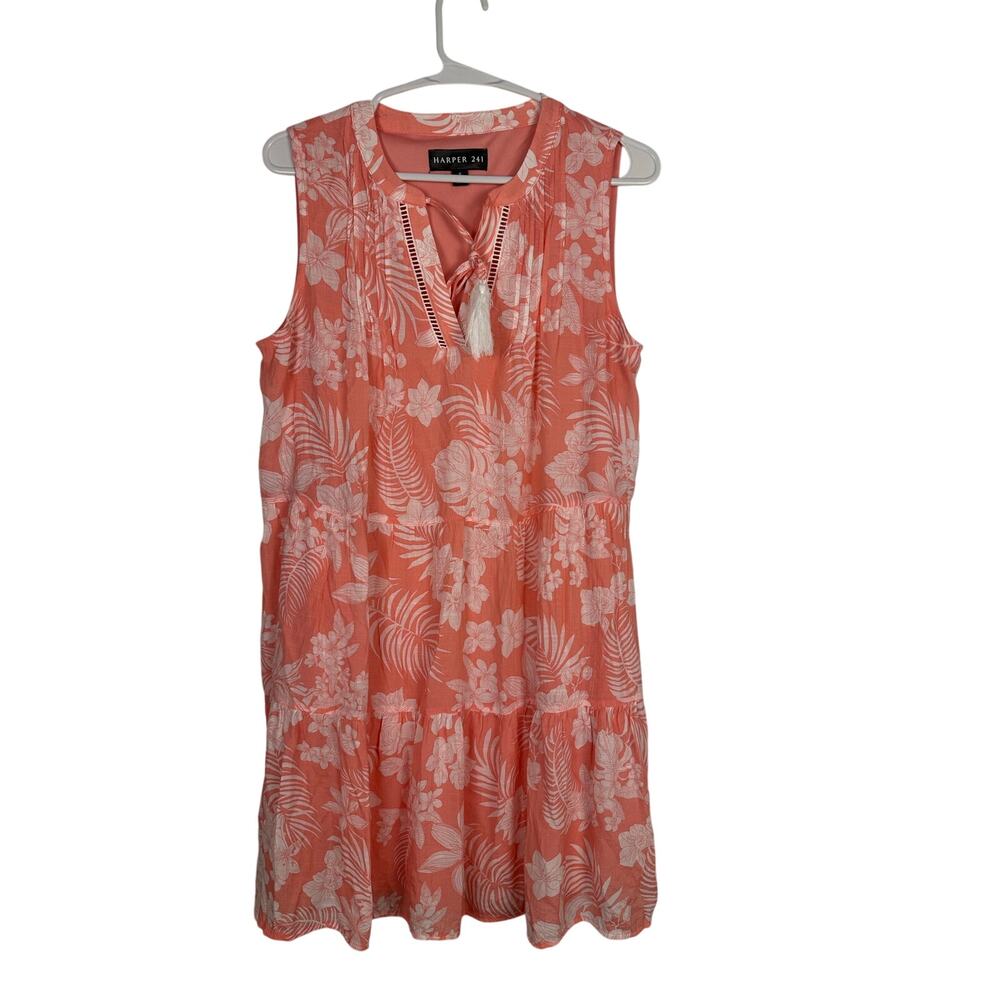 Harper 241 sleeveless tiered dress coral floral print tasseled keyhole Small